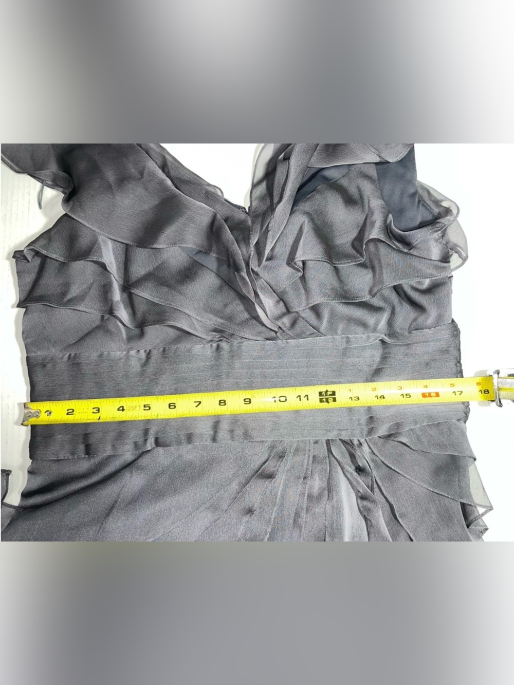 Adrianna Papell Iridescent Chiffon Tiered Ruffle Maxi Gown Charcoal Gray 14 - Picture 7 of 9